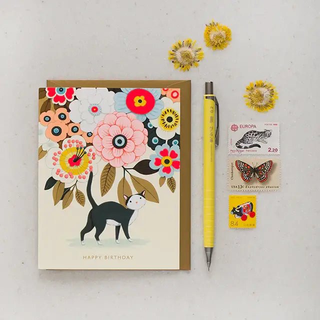 JooJoo Paper - Floral Kitty Birthday Greeting Card - Green Ash Decor