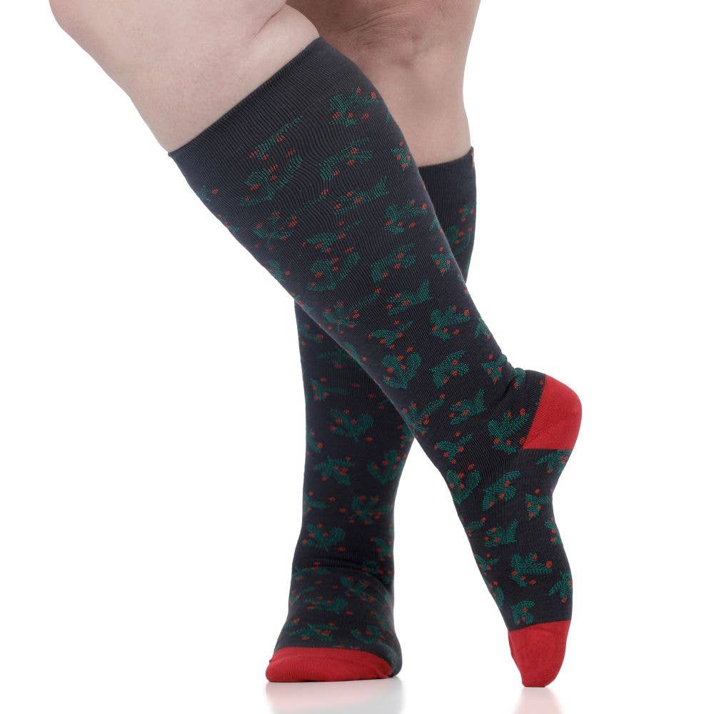 VIM & VIGR - 15 - 20 mmHg Cotton Compression Socks: Mistle Toe: Black & Berry / Large/Extra Large - Green Ash Decor