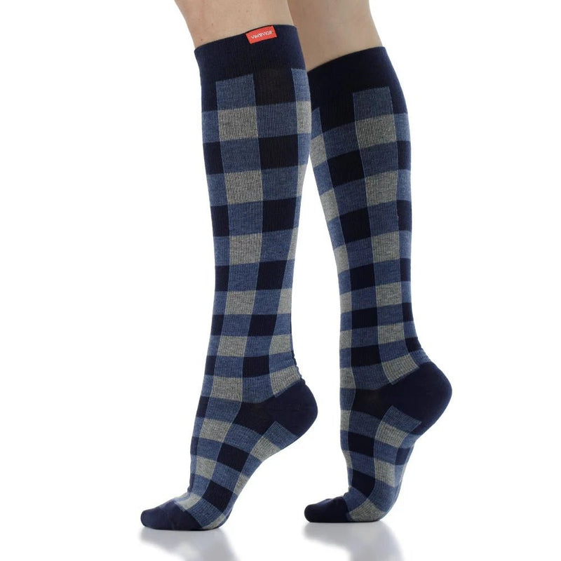 VIM & VIGR - 15 - 20 mmHg Cotton Compression Socks: Montana Plaid Navy - Green Ash Decor