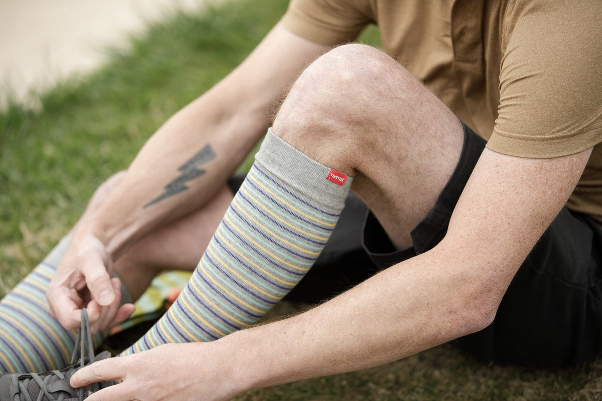 VIM & VIGR - 20 - 30 mmHg Cotton Compression Socks: Pinstripe: Grey, Blue & Yellow - Green Ash Decor
