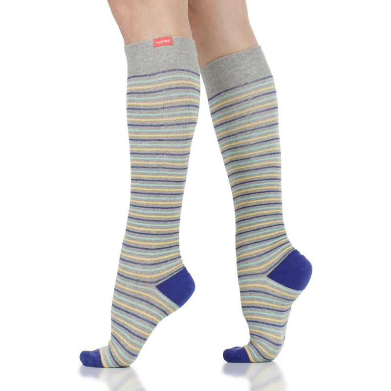VIM & VIGR - 20 - 30 mmHg Cotton Compression Socks: Pinstripe: Grey, Blue & Yellow - Green Ash Decor