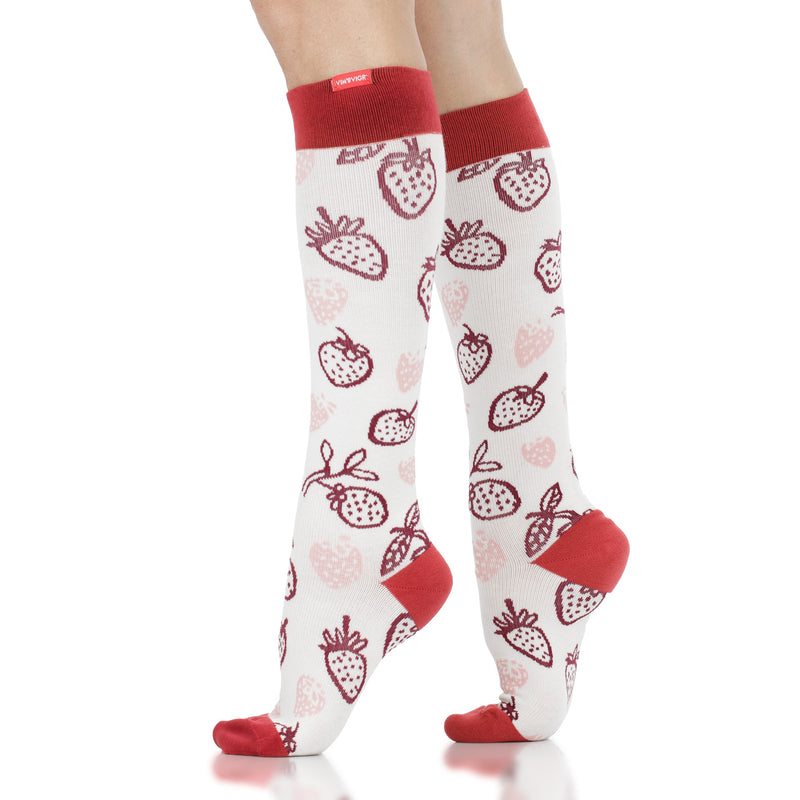 VIM & VIGR - 20 - 30 mmHg Cotton Compression Socks: Strawberries: Cream & Pink - Green Ash Decor