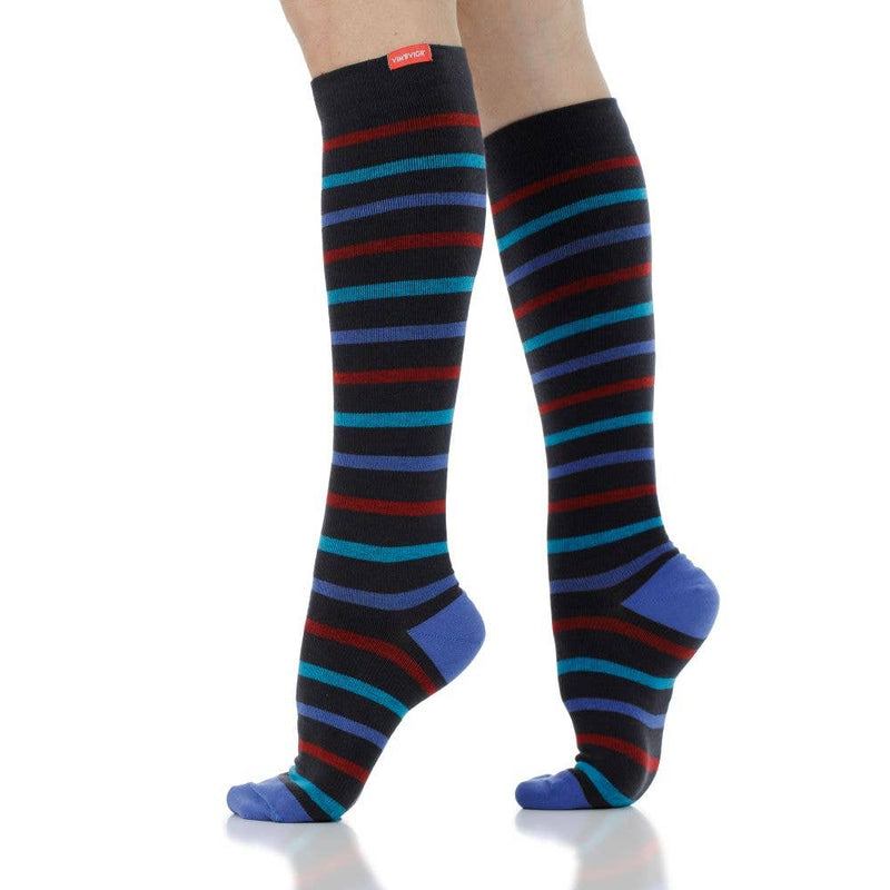 VIM & VIGR - 20 - 30 mmHg Merino Wool Compression Socks: Simple Stripe: Black & Gemstone / Medium/Large - Green Ash Decor