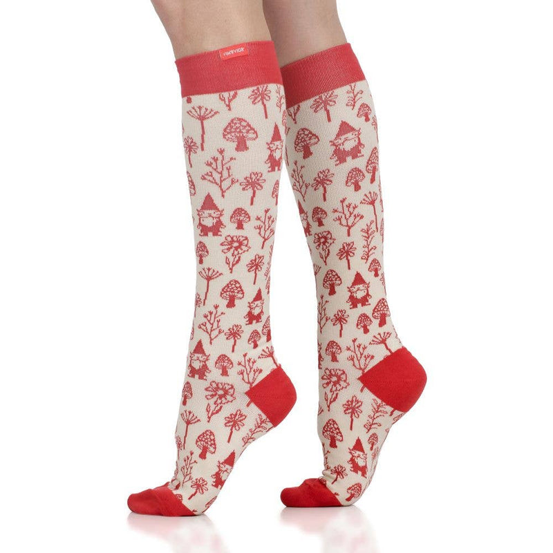 VIM & VIGR - 15-20 mmHg Merino Wool Compression Socks: Woodland Gnomes: Medium/Large / Cream & Red - Green Ash Decor