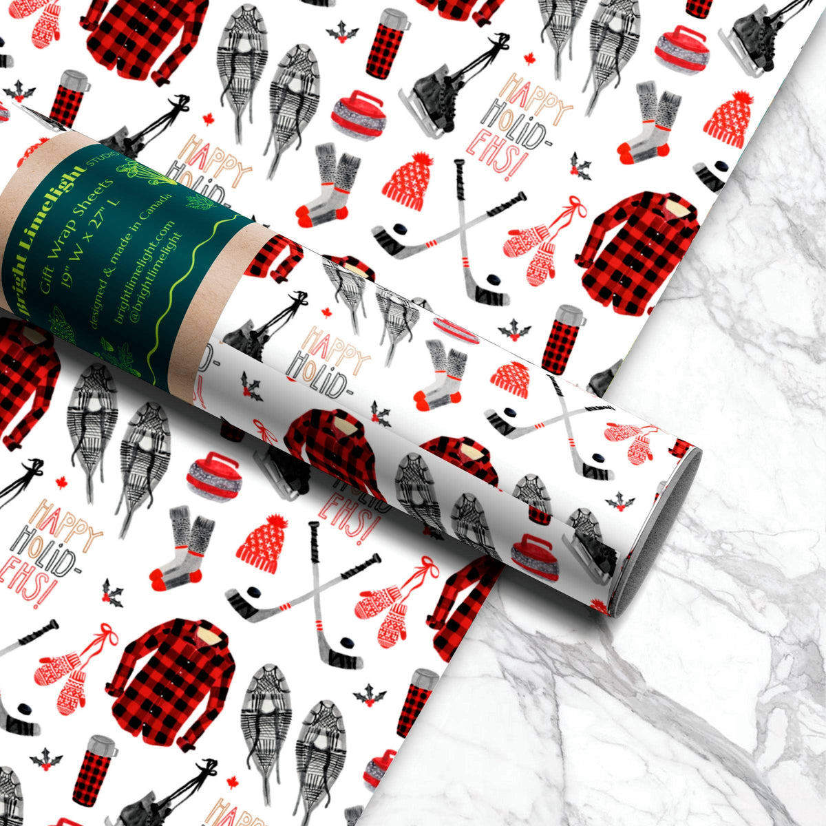 Bright Limelight Studio - Canadian Sports Gift Wrap Sheets | Rolled Sets of 3 - Green Ash Decor