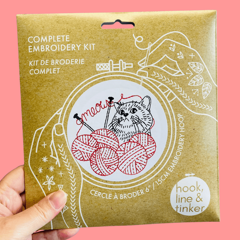 Hook Line & Tinker Canada - Kitten with Knitting Complete Embroidery Kit - Green Ash Decor
