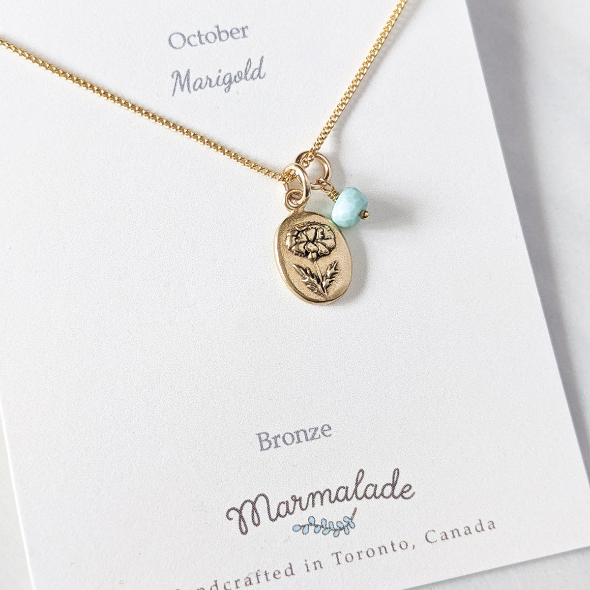 Marmalade Birth Flower & Birth Stone Necklace- Bronze - Green Ash Decor