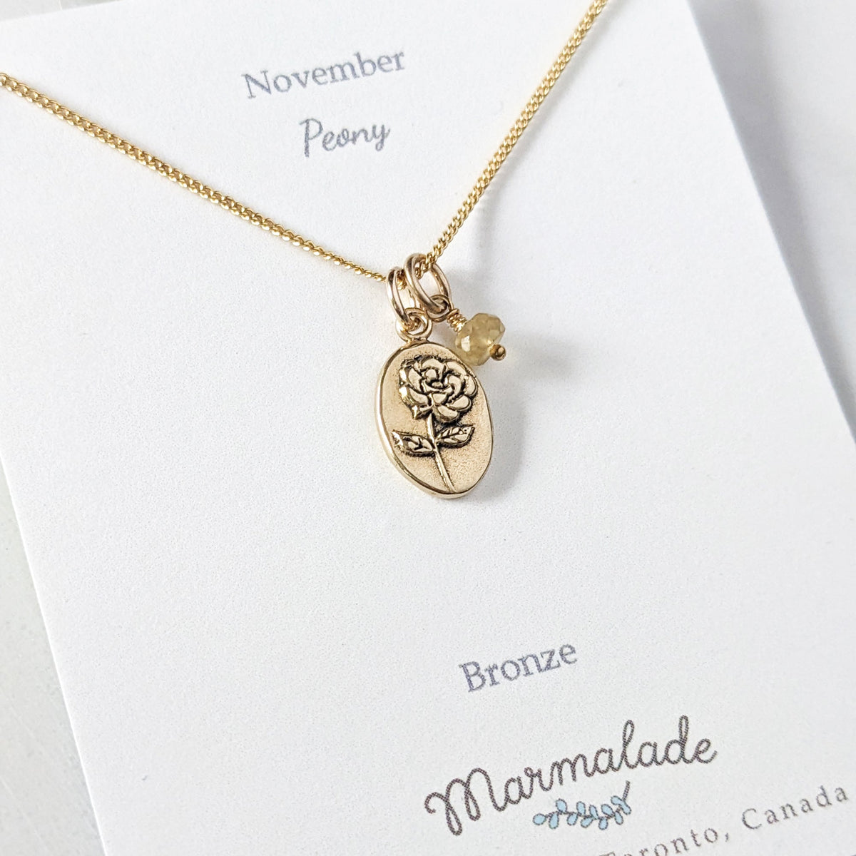 Marmalade Birth Flower & Birth Stone Necklace- Bronze - Green Ash Decor