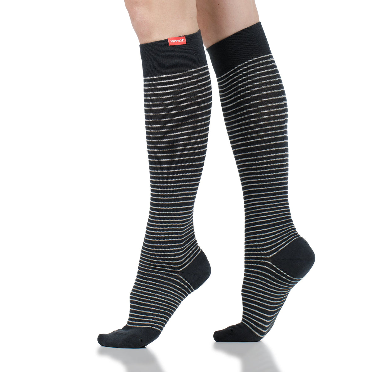 VIM & VIGR - 15 - 20 mmHg Cotton Compression Socks: Charcoal & White pinstripe - Green Ash Decor