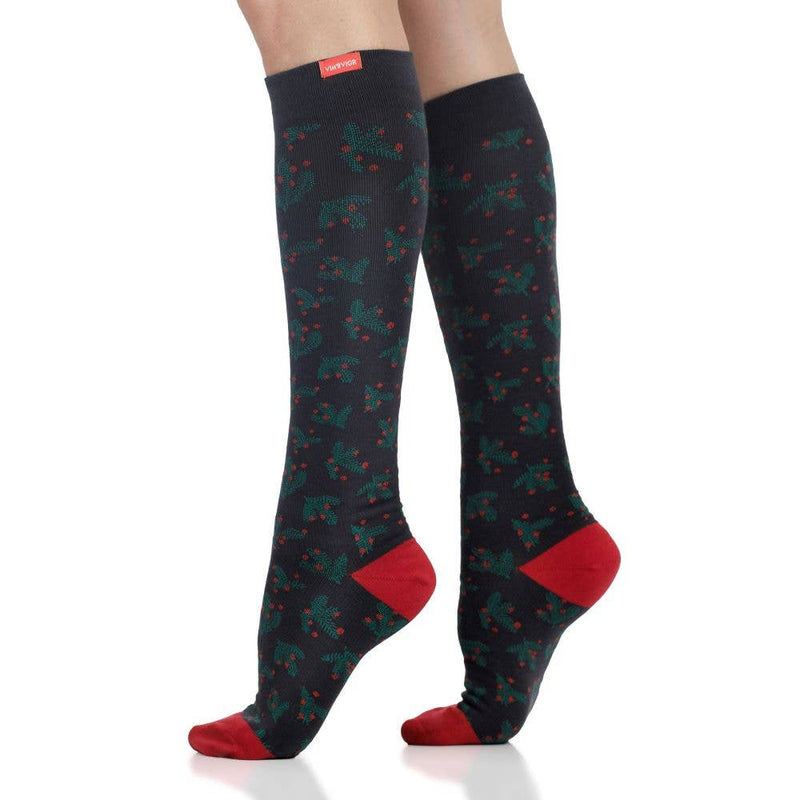 VIM & VIGR - 15 - 20 mmHg Cotton Compression Socks: Mistle Toe: Black & Berry / Large/Extra Large - Green Ash Decor