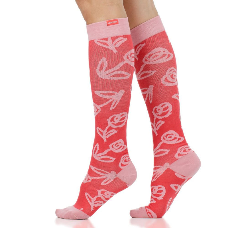 VIM & VIGR - 15 - 20 mmHg Cotton Compression Socks: Mod Rose: Red & Pink - Green Ash Decor