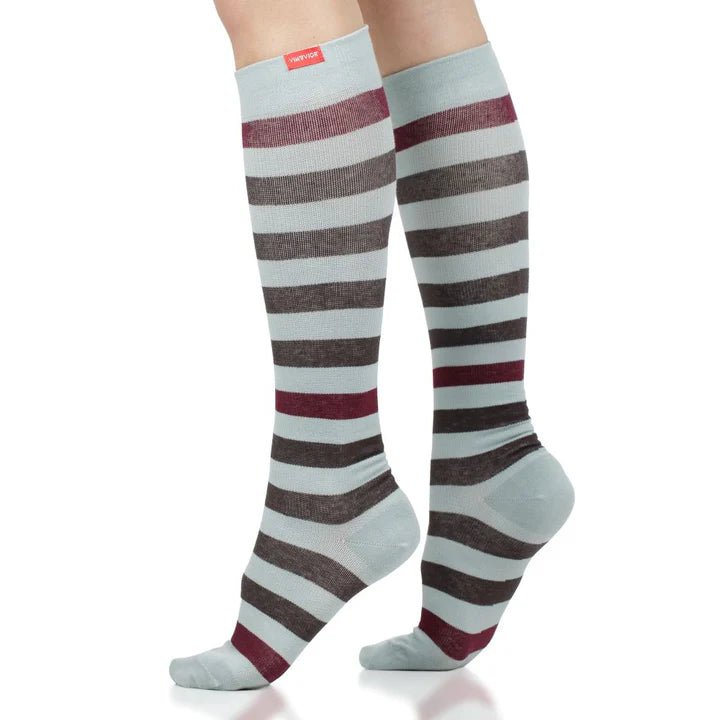 VIM & VIGR - 15 - 20 mmHg Merino Wool Compression Socks: Thick Stripe Ice Blue & Brown - Green Ash Decor