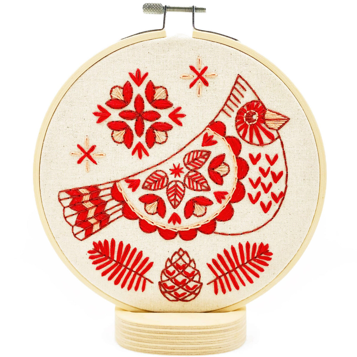 Hook, Line & Tinker Embroidery Kits - Folk Cardinal Complete Embroidery Kit - Green Ash Decor