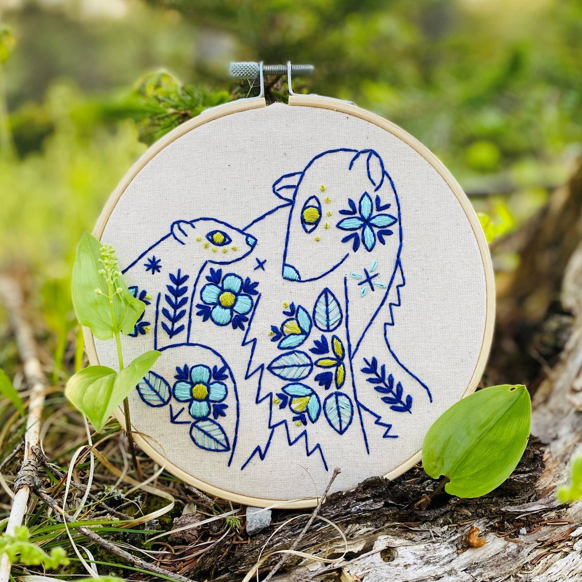 Hook, Line & Tinker Embroidery Kits Inc - NEW! Folk Polar Bears Embroidery Kit - Colour - Green Ash Decor