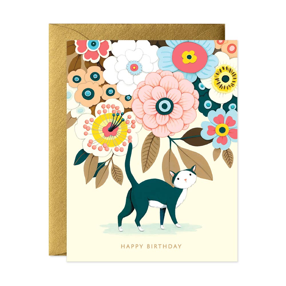 JooJoo Paper - Floral Kitty Birthday Card - Green Ash Decor