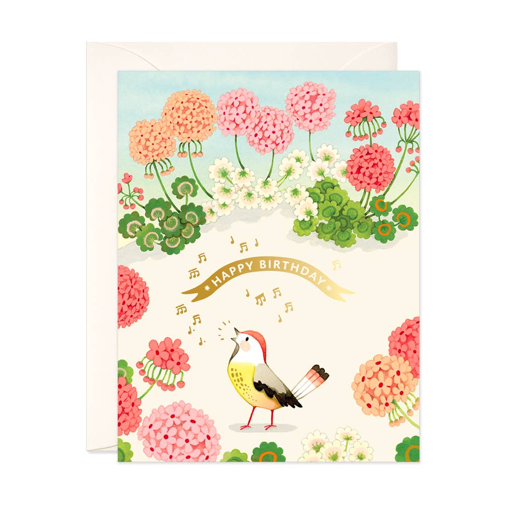 JooJoo Paper - Geranium and Bird Birthday Card - Green Ash Decor