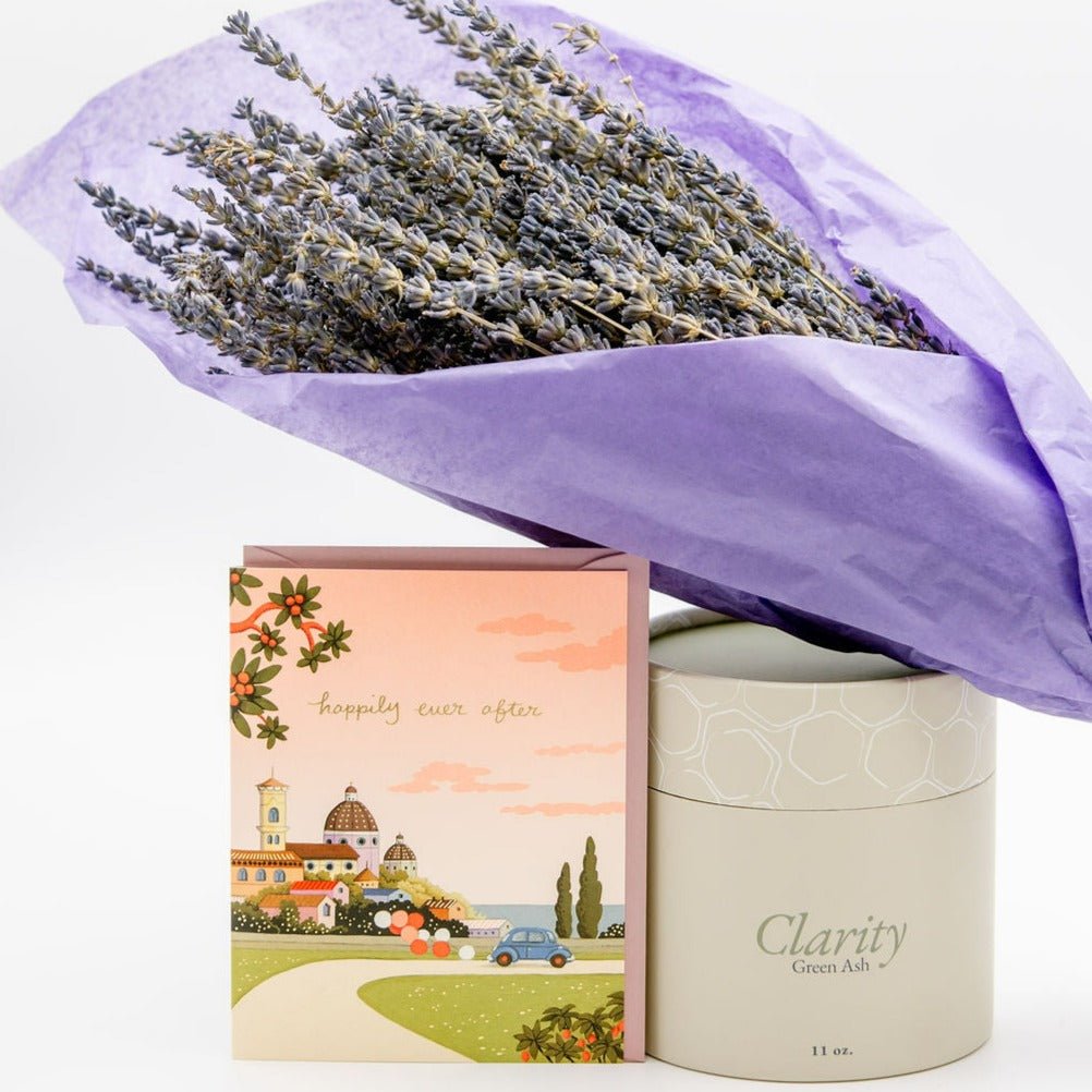 New Launch Candle 11oz, Medium Dried Lavender Bouquet & Joo Joo Card - Green Ash Decor