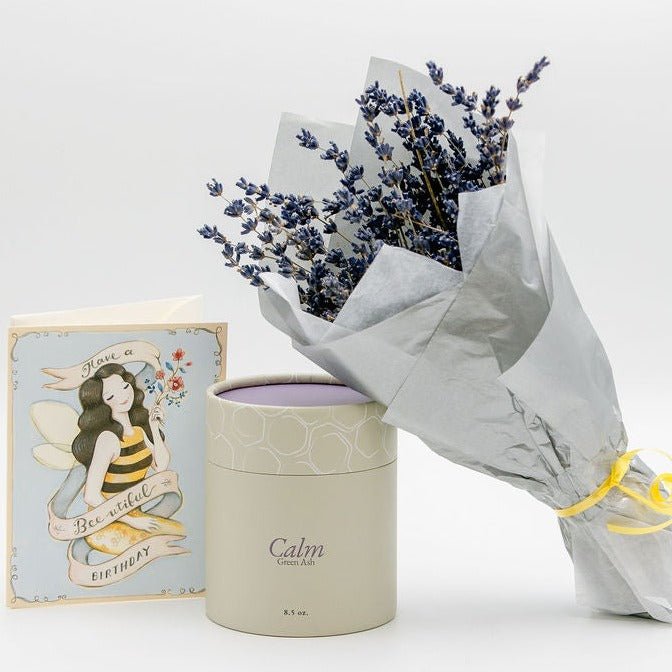 New Launch Candle 8.5oz, Small Dried Lavender Bouquet & Joo Joo Card - Green Ash Decor