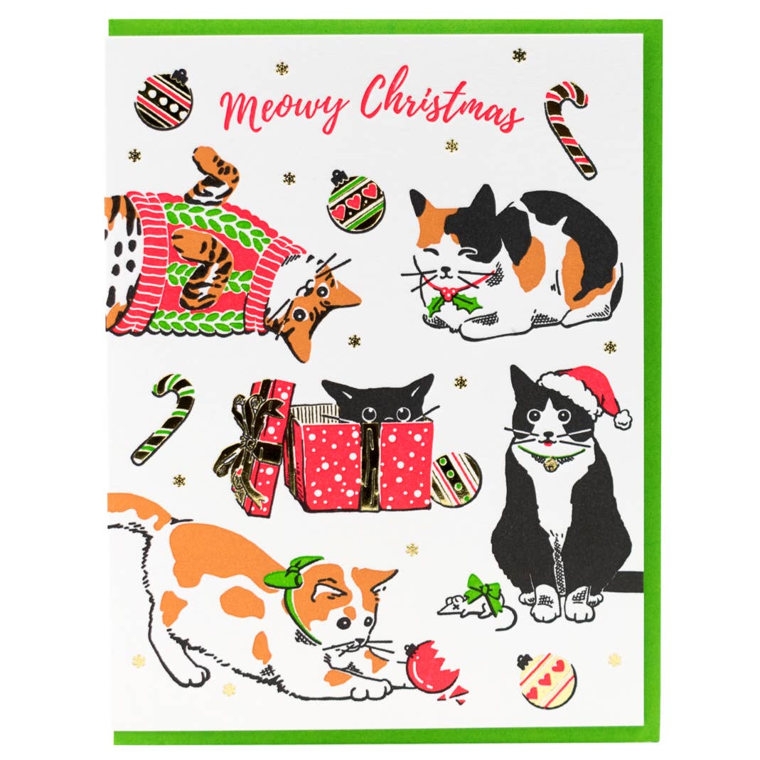 Porchlight Press Letterpress - Meowy Christmas Cat Card Box of 6 - Green Ash Decor