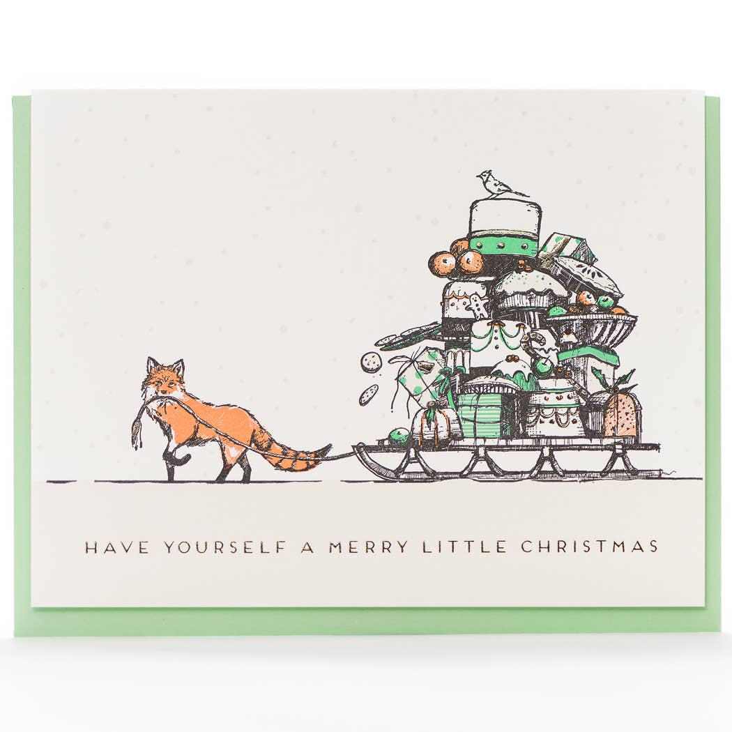 Porchlight Press Letterpress - Merry Little Christmas Fox Card Box of 6 - Green Ash Decor