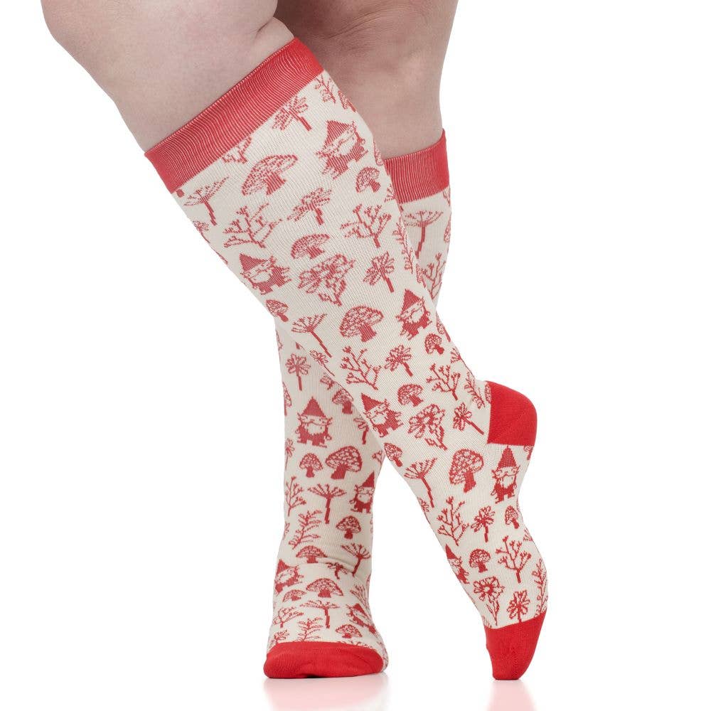 VIM & VIGR - 15-20 mmHg Merino Wool Compression Socks: Woodland Gnomes: Medium/Large / Cream & Red - Green Ash Decor